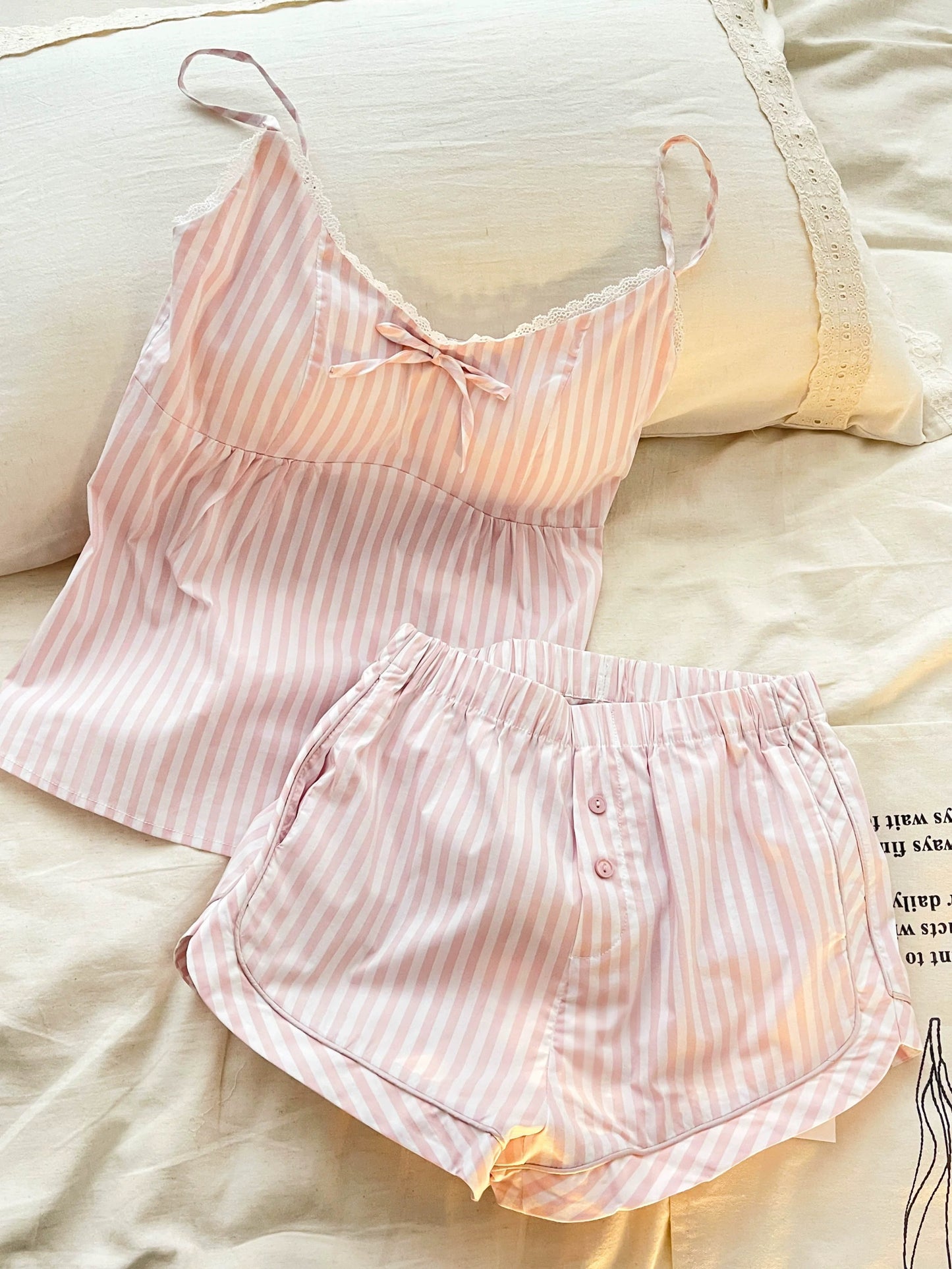 Pink Striped Lace Trim Pajama Set with Built-in Pads – Soft Cotton Blend Lounge Wear