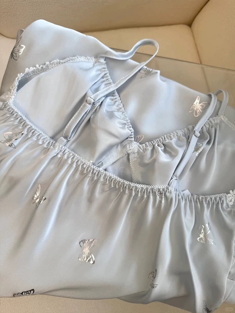 Blue Satin Butterfly Slip Dress with Built-in Pads - Soft Summer Nightdress