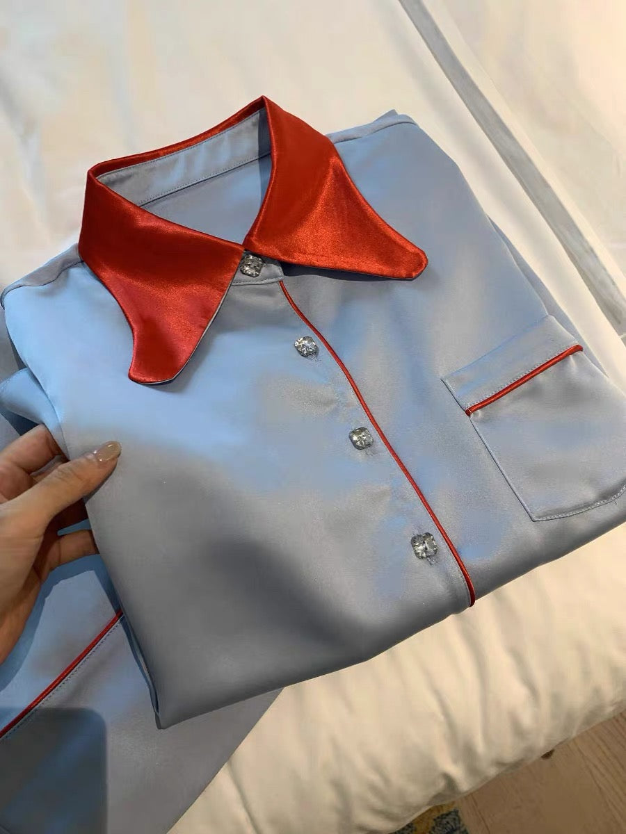Ice Silk Satin Pyjama Set – Silky Soft Long Sleeve & Pants with Red Contrast Collar
