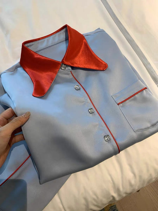 Ice Silk Satin Pyjama Set – Silky Soft Long Sleeve & Pants with Red Contrast Collar