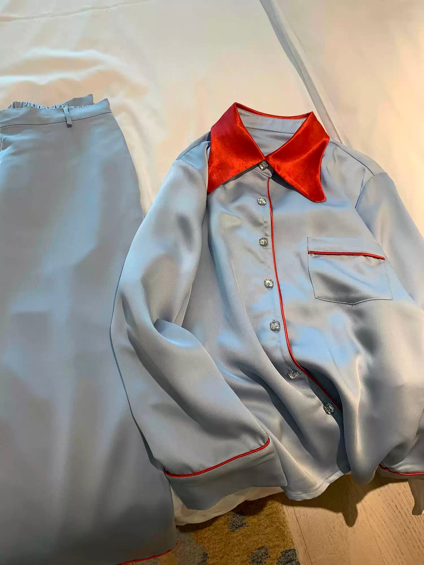 Ice Silk Satin Pyjama Set – Silky Soft Long Sleeve & Pants with Red Contrast Collar