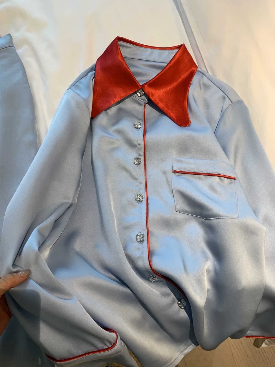 Ice Silk Satin Pyjama Set – Silky Soft Long Sleeve & Pants with Red Contrast Collar