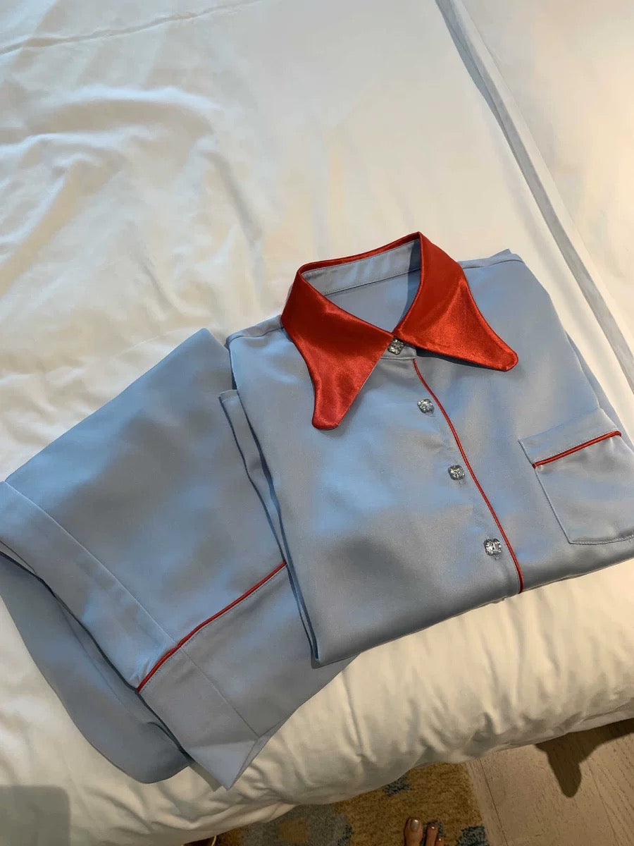 Ice Silk Satin Pyjama Set – Silky Soft Long Sleeve & Pants with Red Contrast Collar