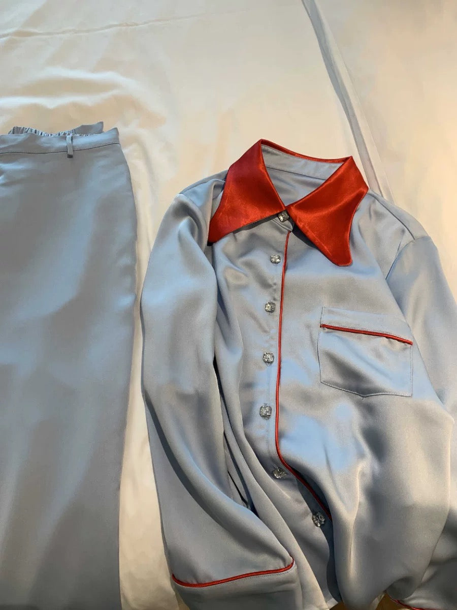 Ice Silk Satin Pyjama Set – Silky Soft Long Sleeve & Pants with Red Contrast Collar