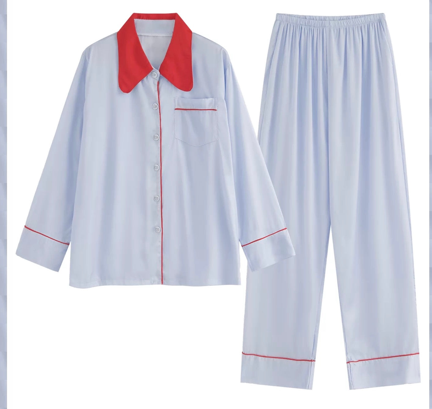 Ice Silk Satin Pyjama Set – Silky Soft Long Sleeve & Pants with Red Contrast Collar