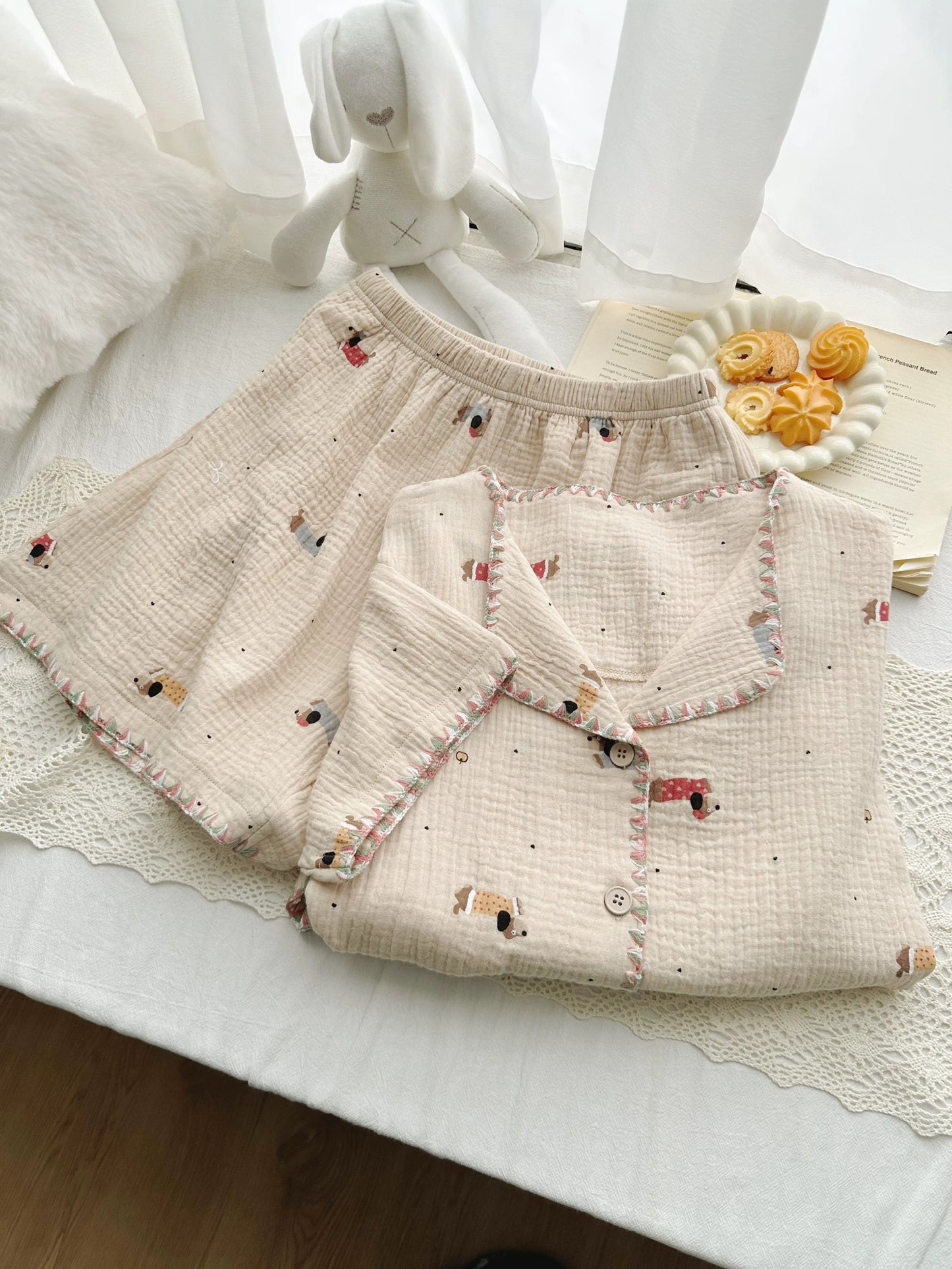 Little Dogs Loungewear Set – Soft Washed Cotton Gauze (Short Sleeve & Shorts)