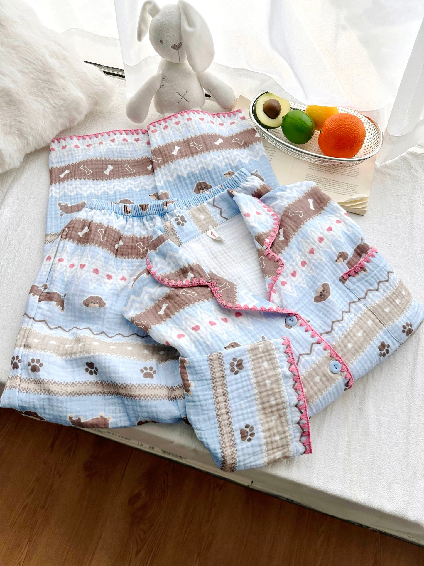 Dachshund & Paws Print Loungewear Set – Soft Washed Cotton Gauze (Long Sleeve & Pants)
