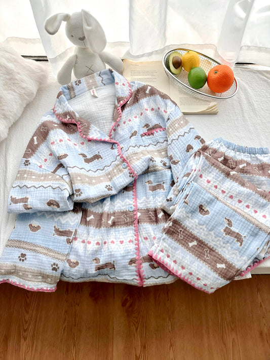 Dachshund & Paws Print Loungewear Set – Soft Washed Cotton Gauze (Long Sleeve & Pants)