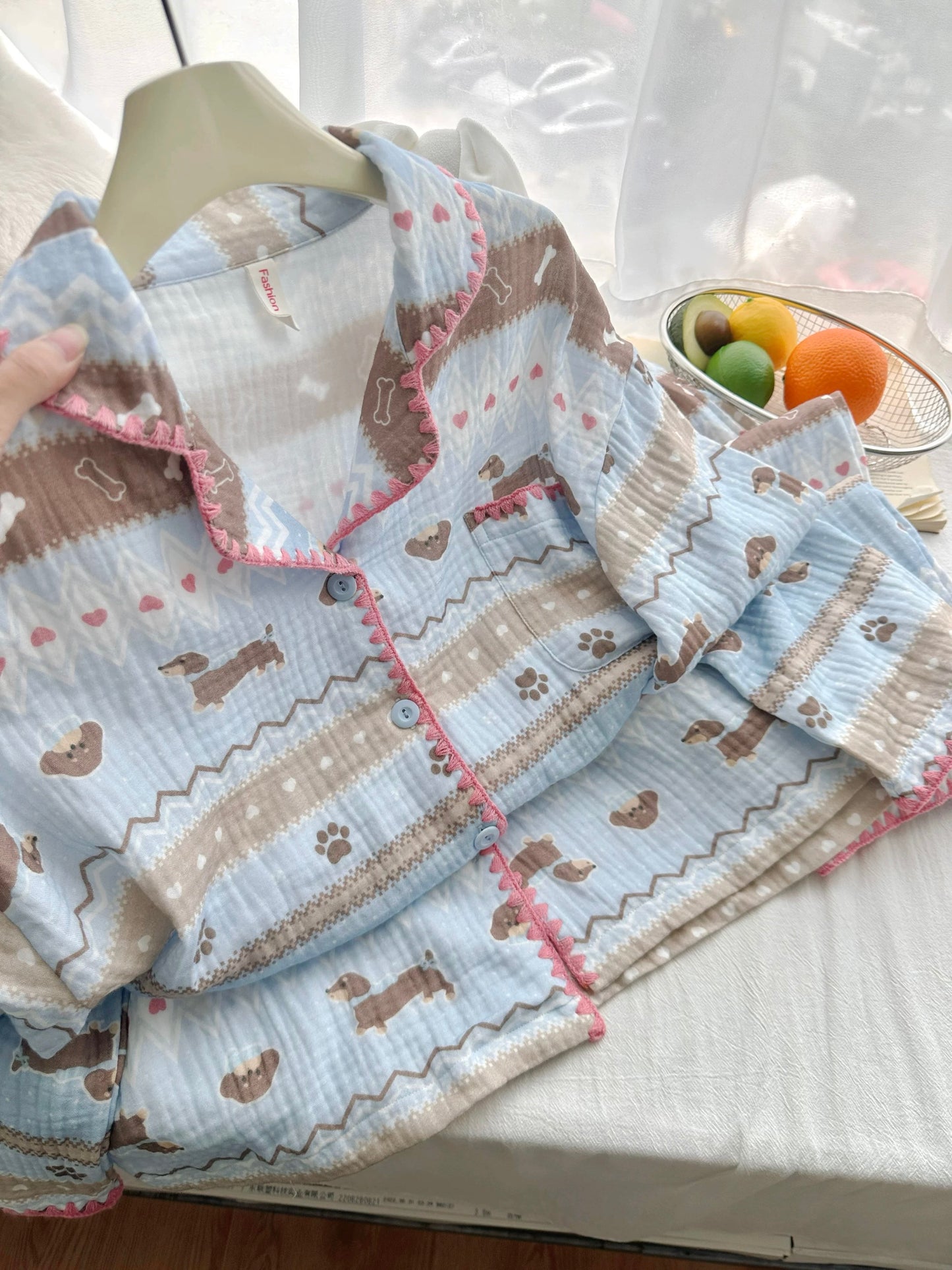 Dachshund & Paws Print Loungewear Set – Soft Washed Cotton Gauze (Long Sleeve & Pants)
