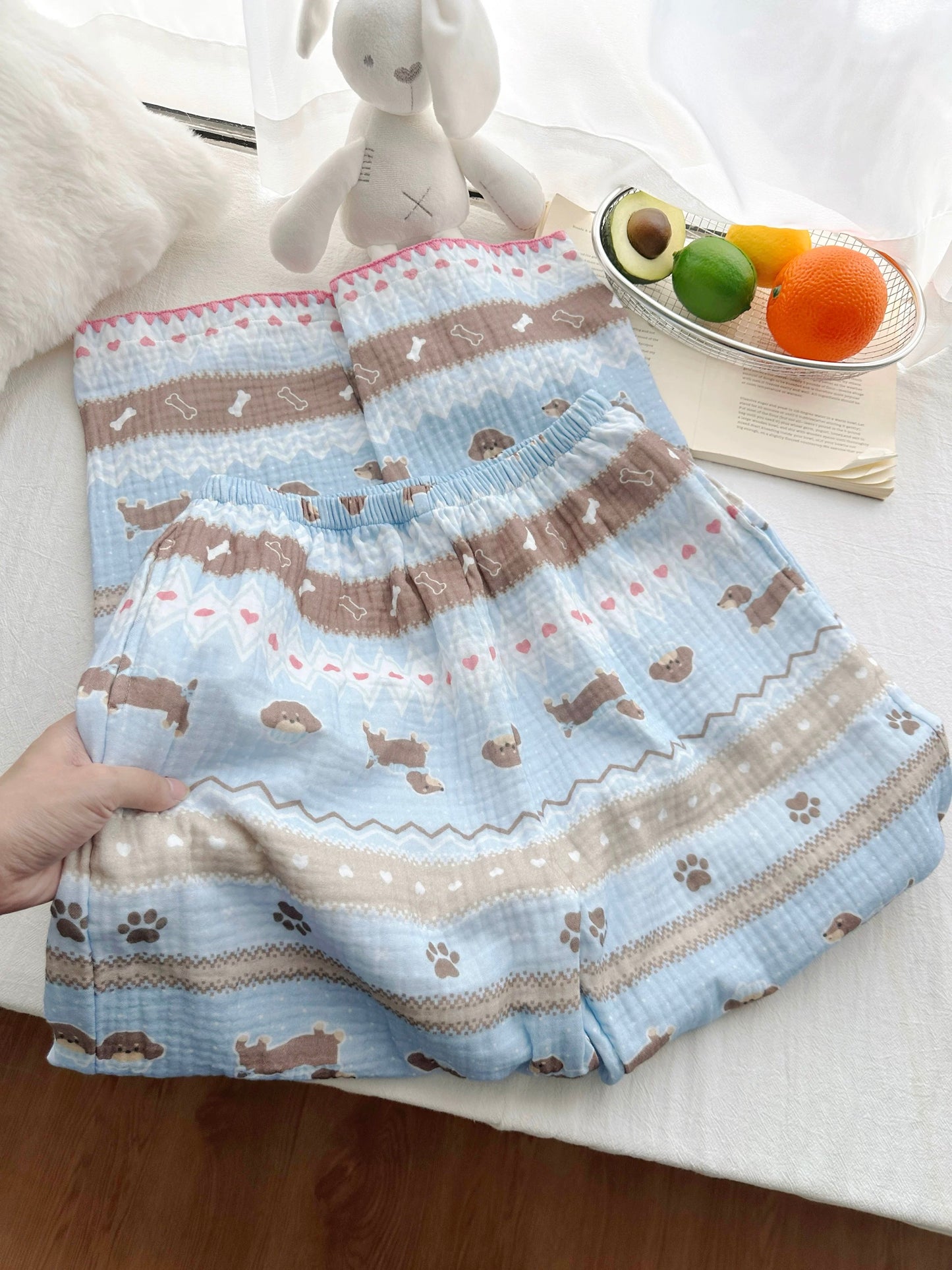 Dachshund & Paws Print Loungewear Set – Soft Washed Cotton Gauze (Long Sleeve & Pants)