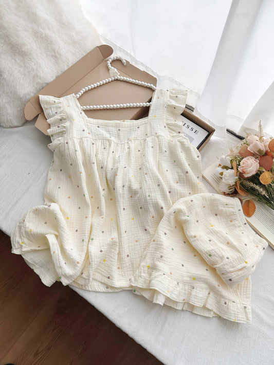 Confetti Dots Ruffle Loungewear Set – Soft Washed Cotton Gauze (Top & Shorts)