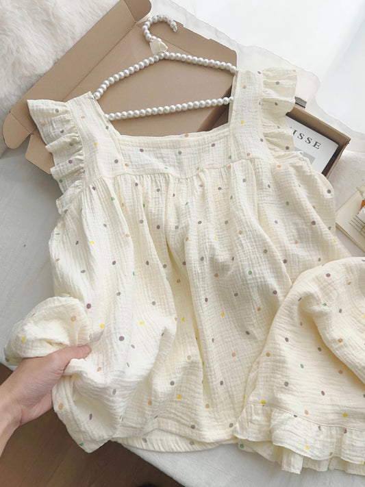 Confetti Dots Ruffle Loungewear Set – Soft Washed Cotton Gauze (Top & Shorts)