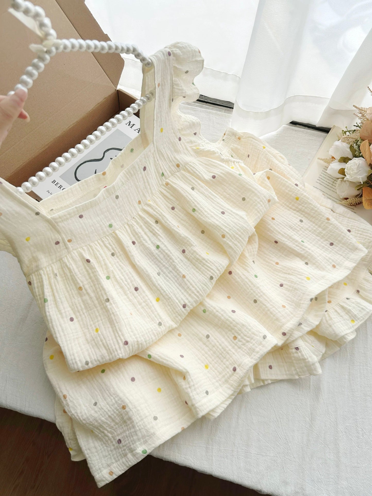Confetti Dots Ruffle Loungewear Set – Soft Washed Cotton Gauze (Top & Shorts)