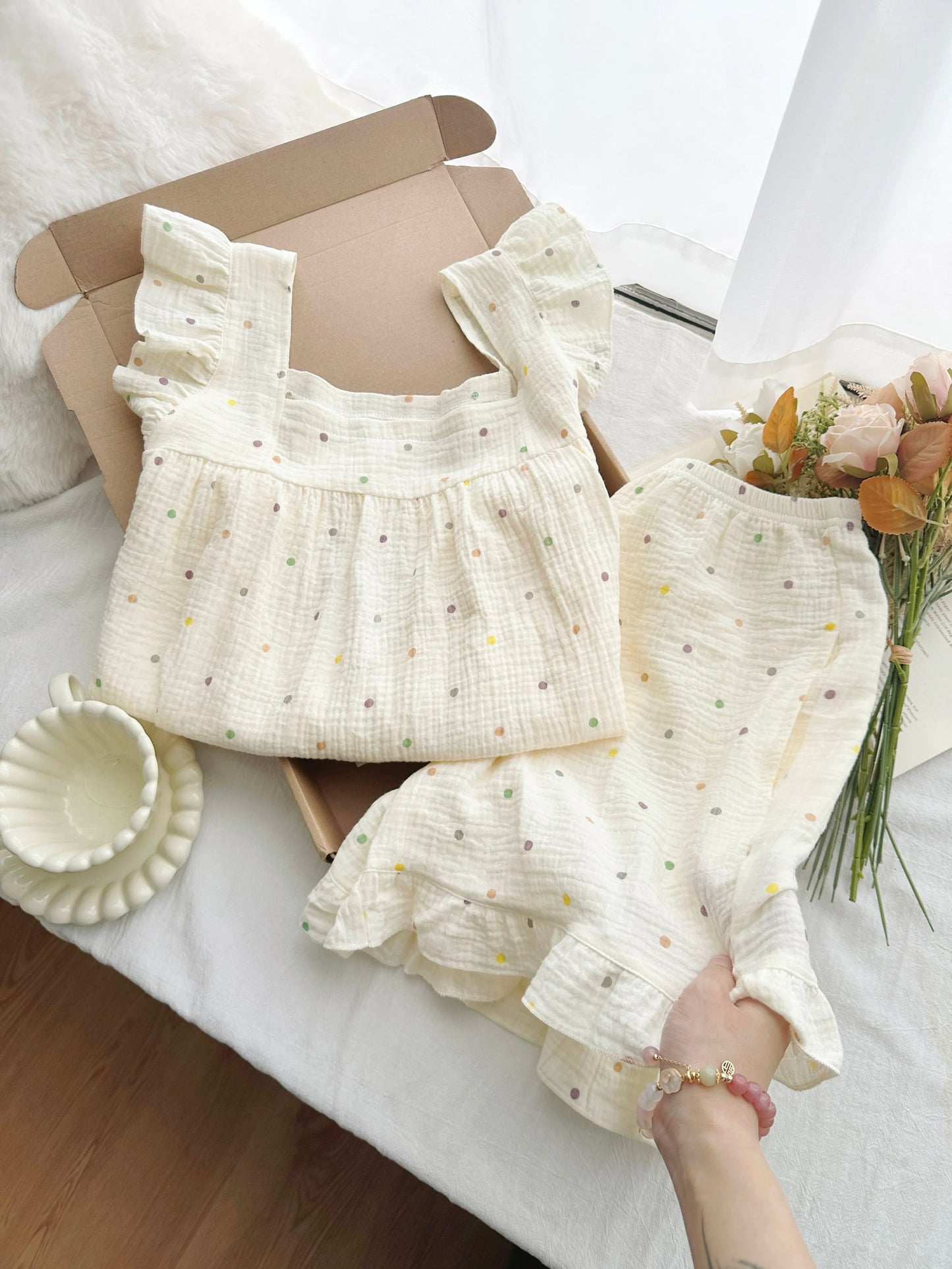Confetti Dots Ruffle Loungewear Set – Soft Washed Cotton Gauze (Top & Shorts)