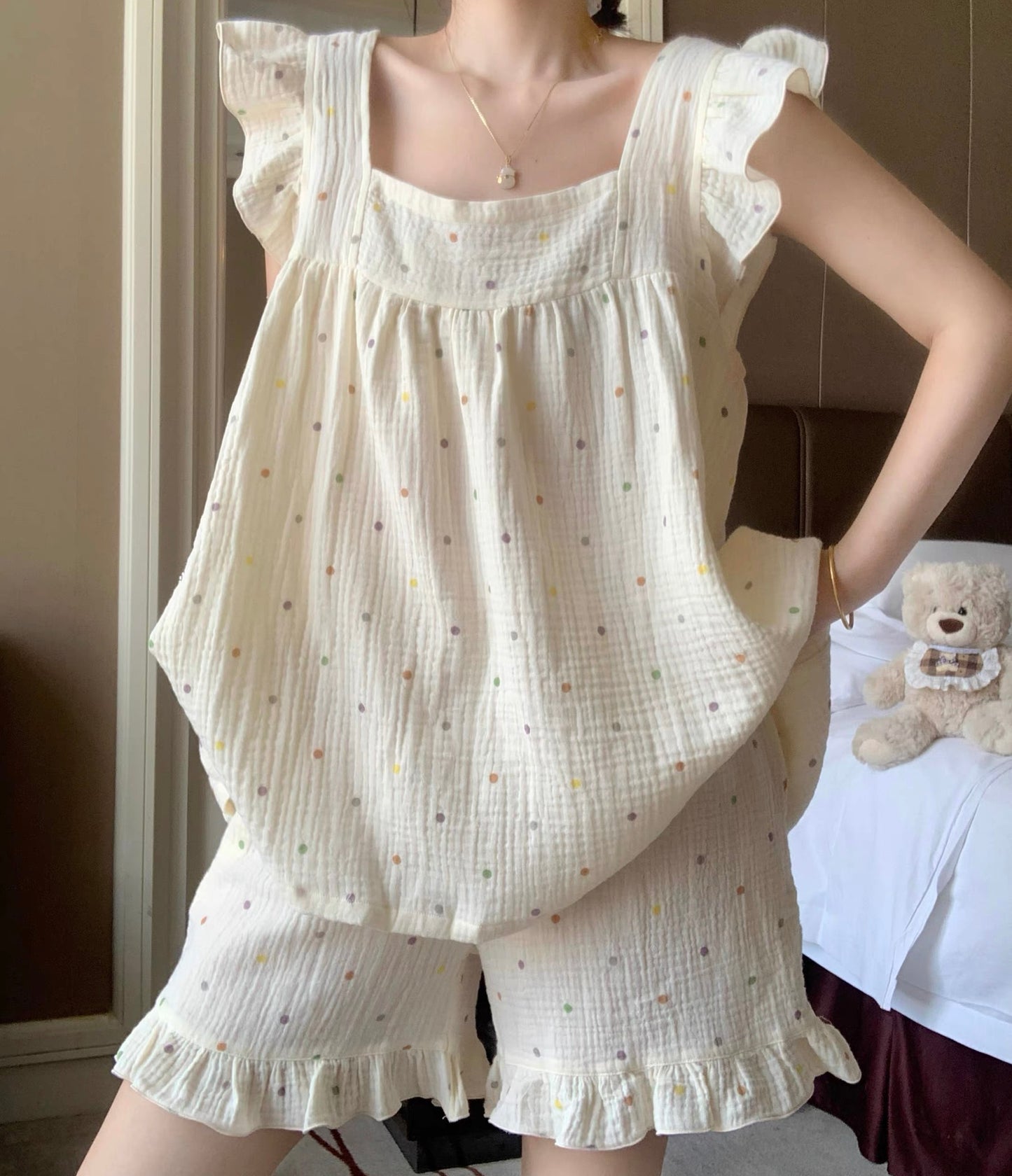 Confetti Dots Ruffle Loungewear Set – Soft Washed Cotton Gauze (Top & Shorts)