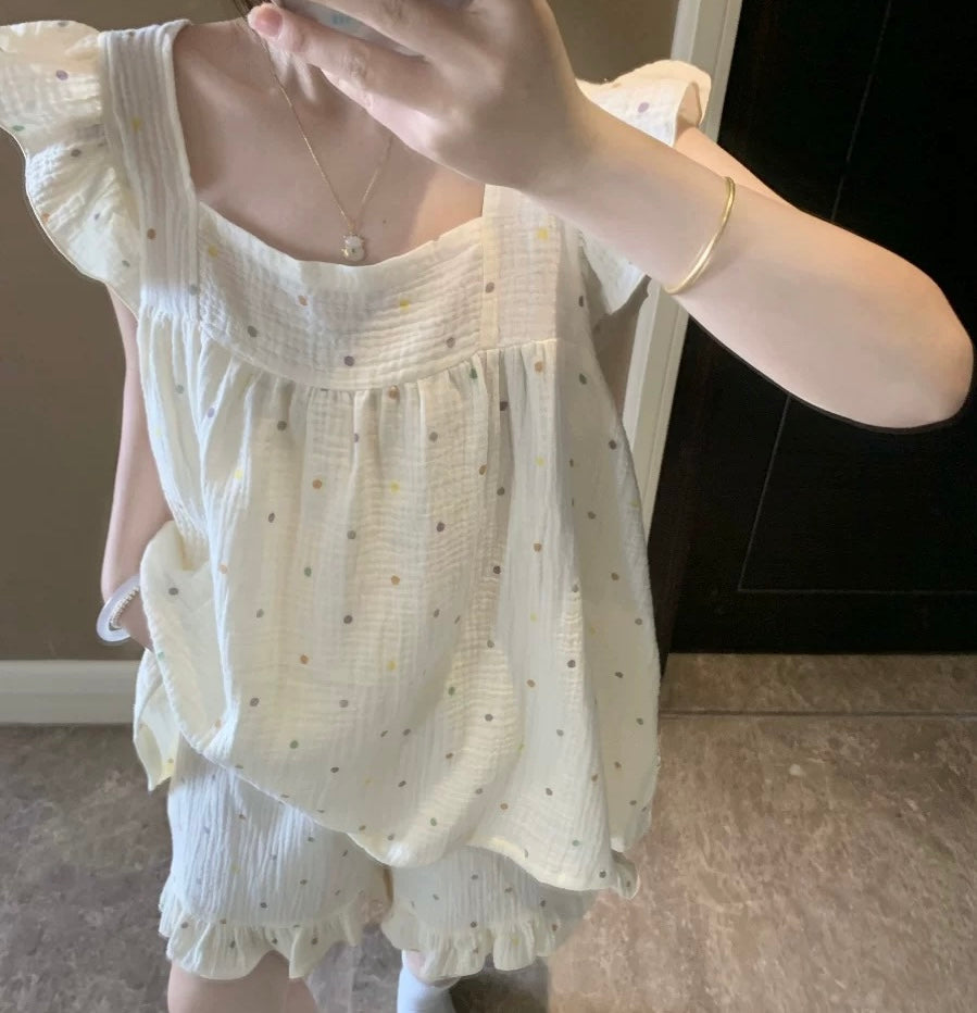 Confetti Dots Ruffle Loungewear Set – Soft Washed Cotton Gauze (Top & Shorts)