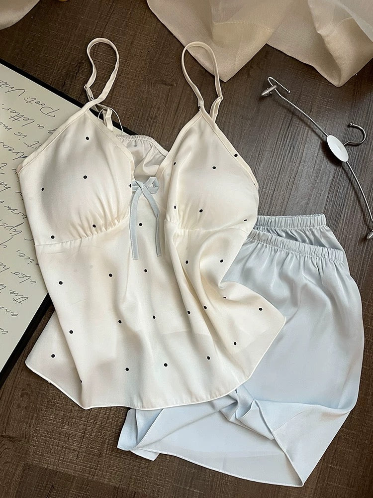 Ice Silk Polka Dot Pajama Set – Women’s Summer Cami & Shorts Sleepwear