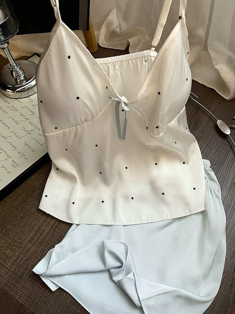 Ice Silk Polka Dot Pajama Set – Women’s Summer Cami & Shorts Sleepwear