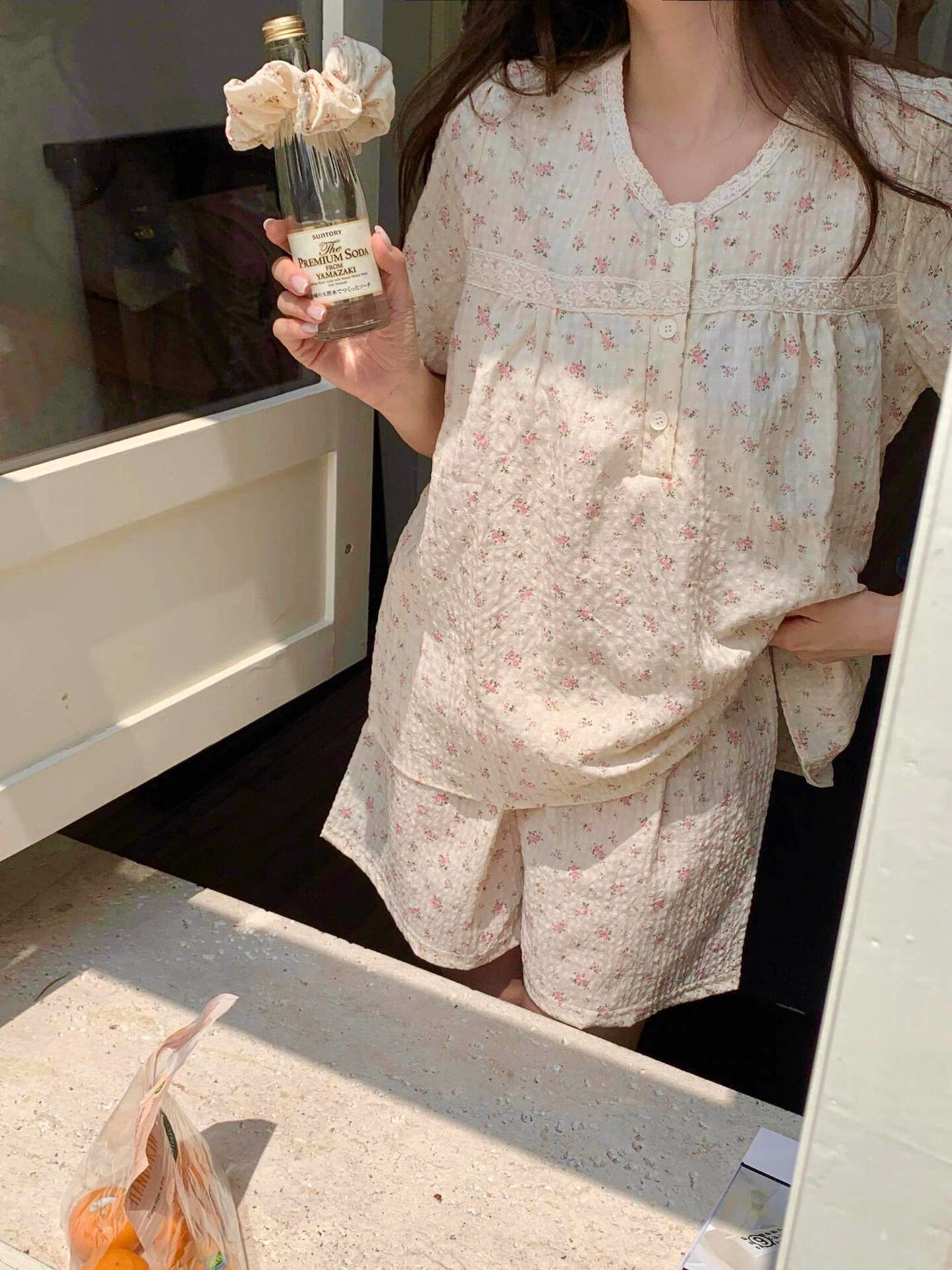 Vintage Floral Lace Loungewear Set – Soft Gauze Cotton Pyjamas (Top & Shorts)