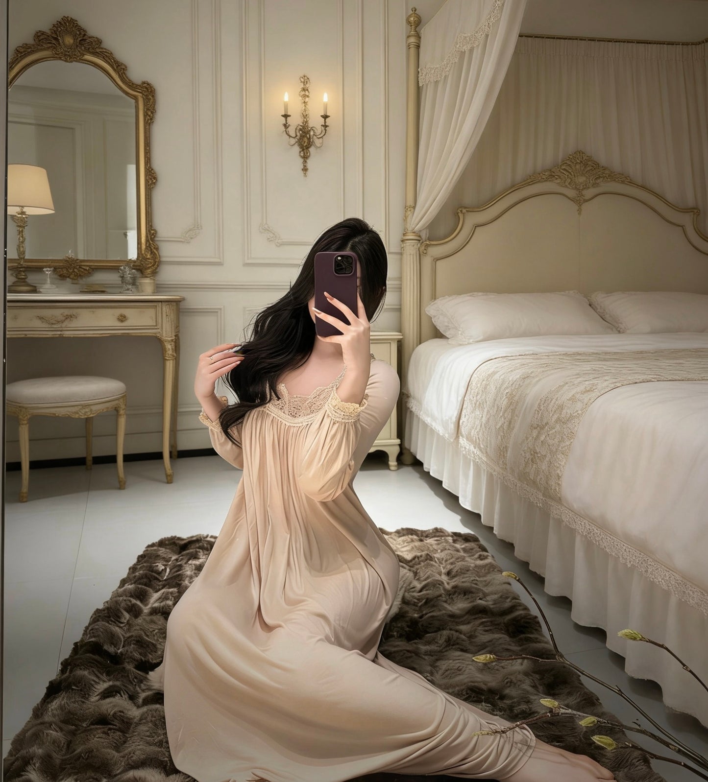 Women’s Modal Lace Nightgown – Soft Breathable Long Sleeve Sleep Dress