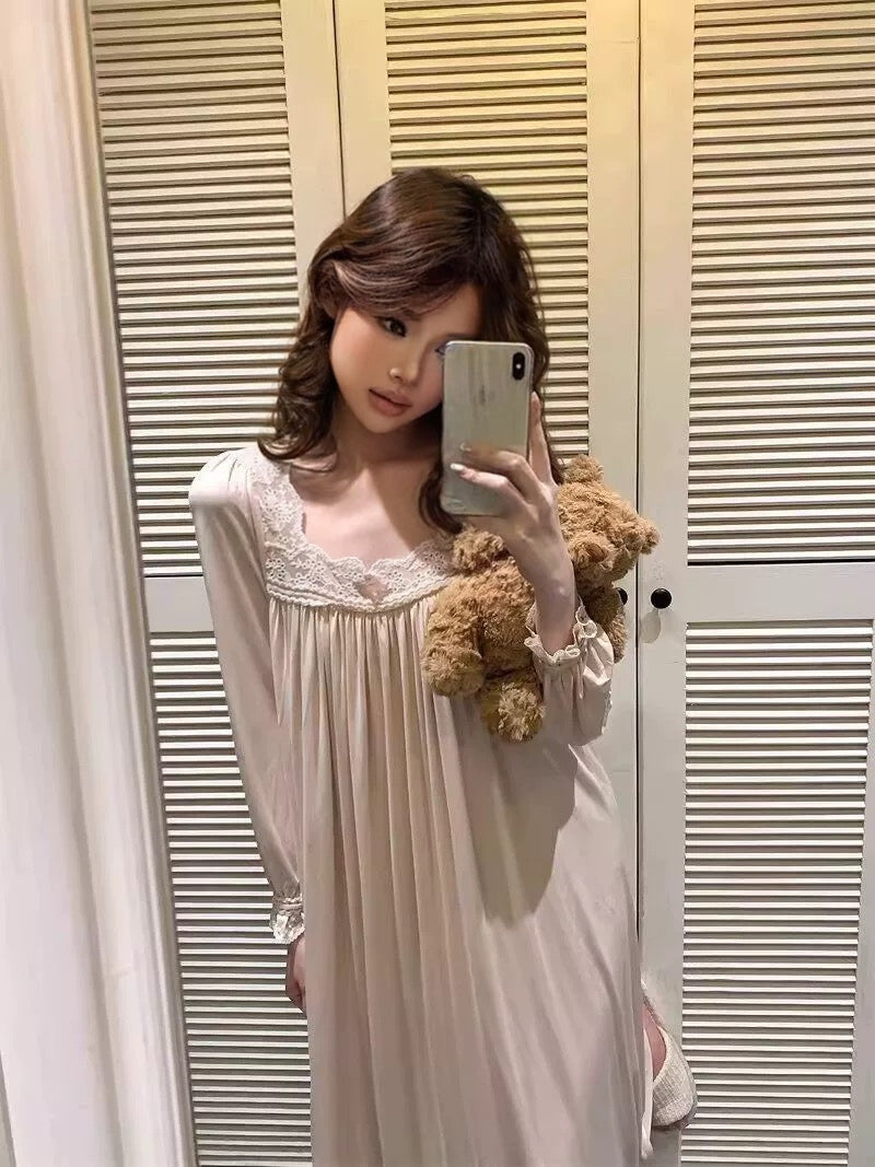 Women’s Modal Lace Nightgown – Soft Breathable Long Sleeve Sleep Dress
