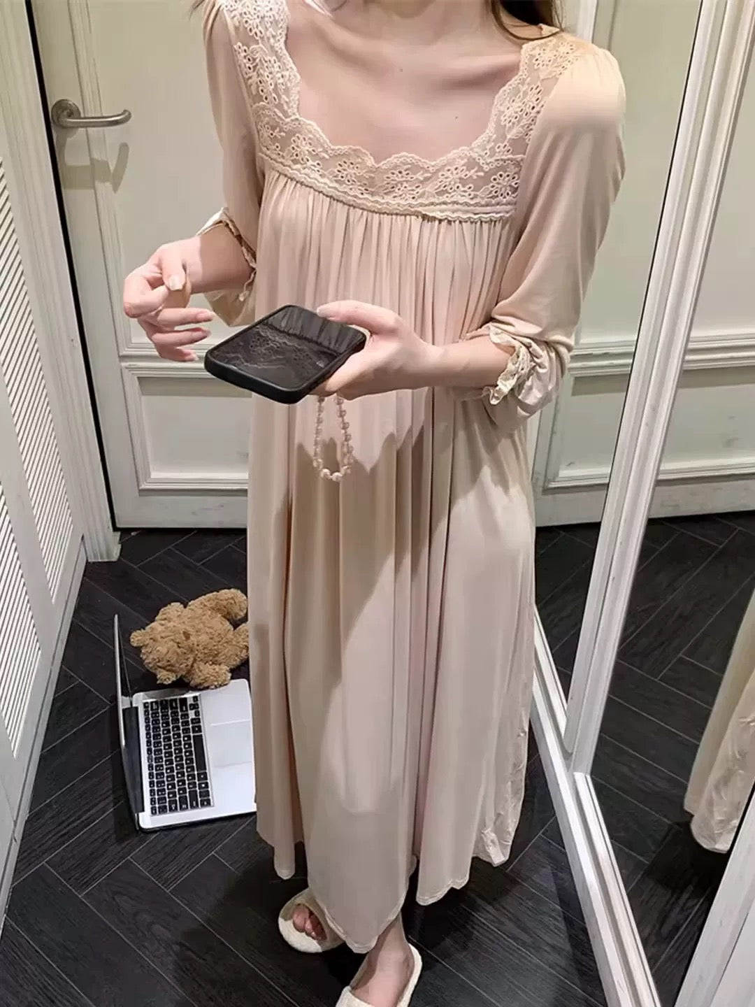 Women’s Modal Lace Nightgown – Soft Breathable Long Sleeve Sleep Dress