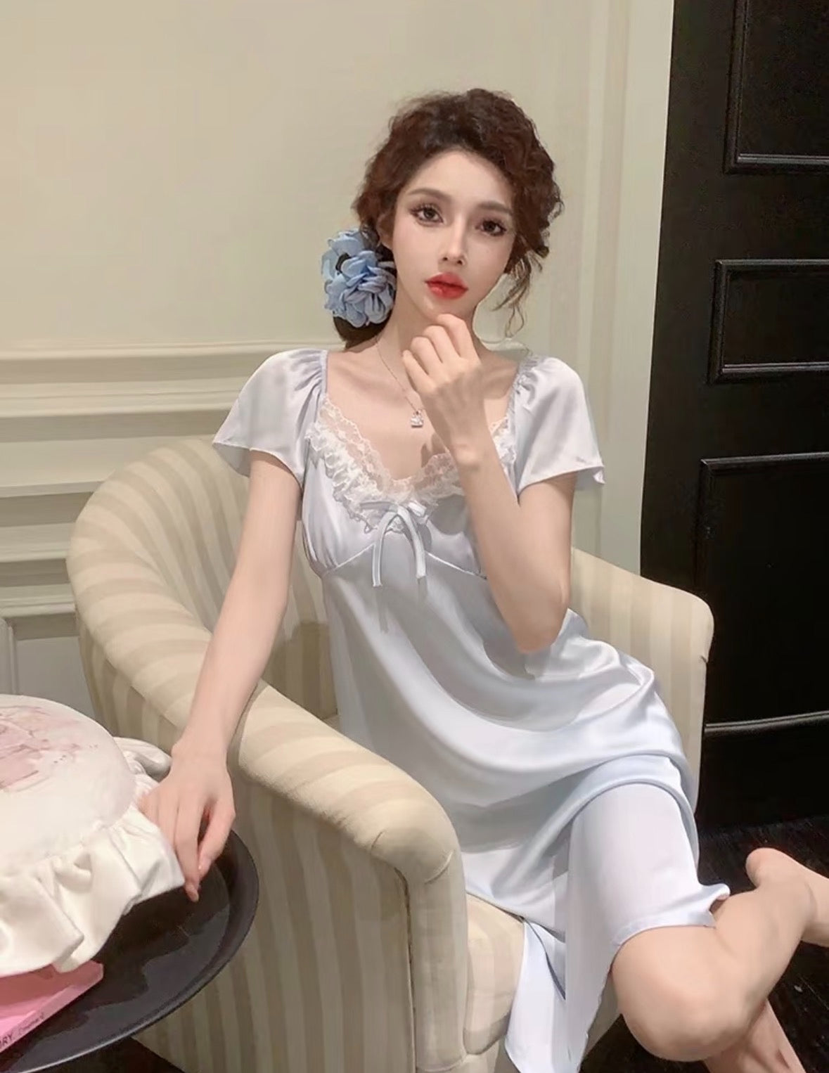 French Lace Ice Silk Nightdress – Soft Girl Summer Lounge Dress