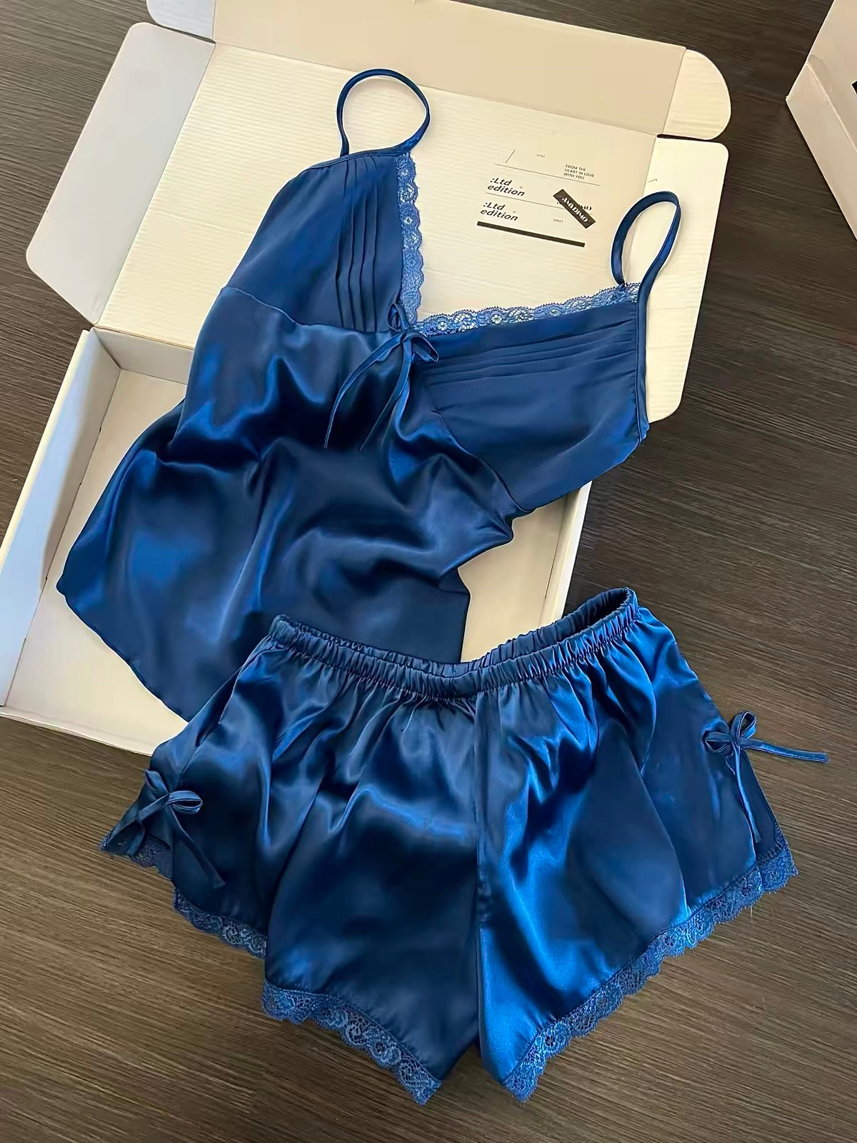 Klein Blue Satin Lace Trim Pajama Set – Pleated Cami Top & Shorts | Luxe Sleepwear