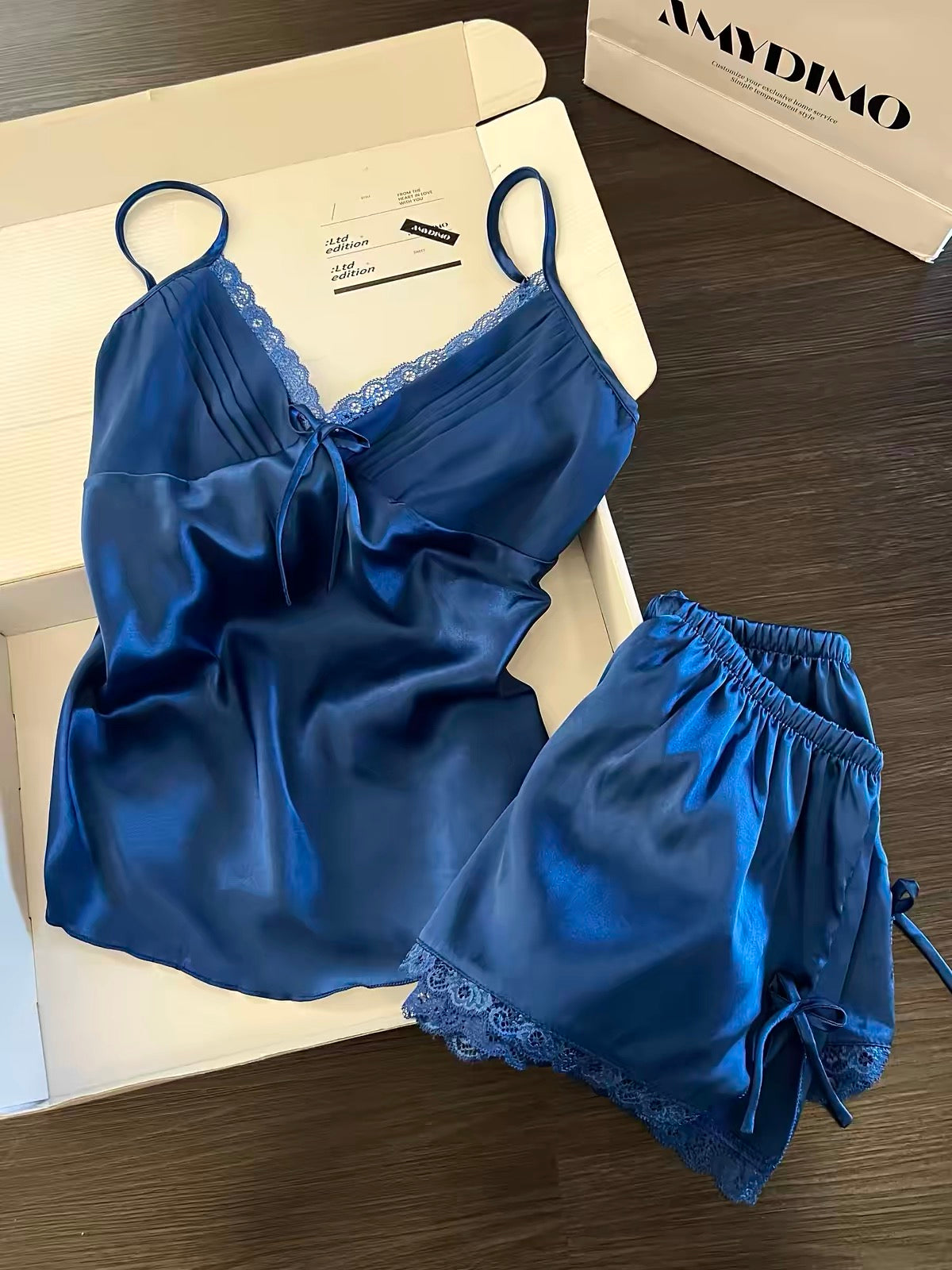 Klein Blue Satin Lace Trim Pajama Set – Pleated Cami Top & Shorts | Luxe Sleepwear