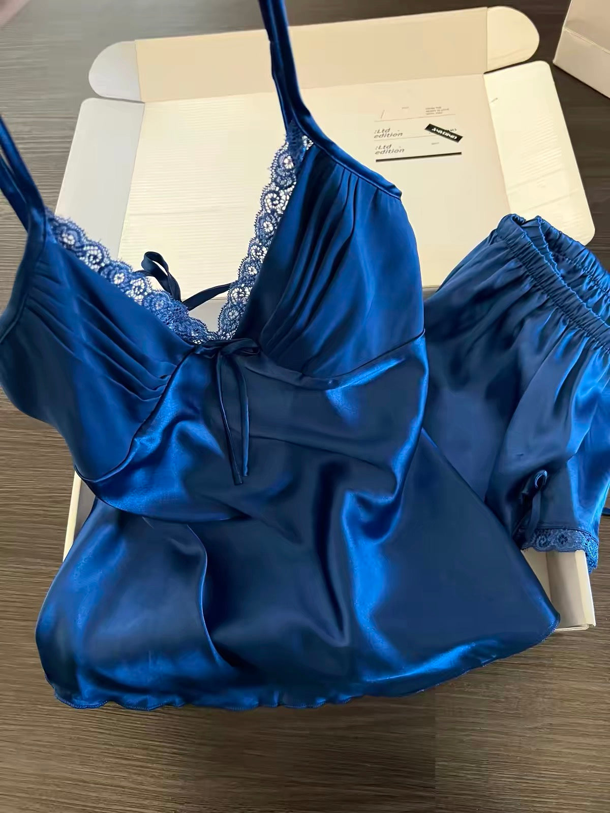 Klein Blue Satin Lace Trim Pajama Set – Pleated Cami Top & Shorts | Luxe Sleepwear