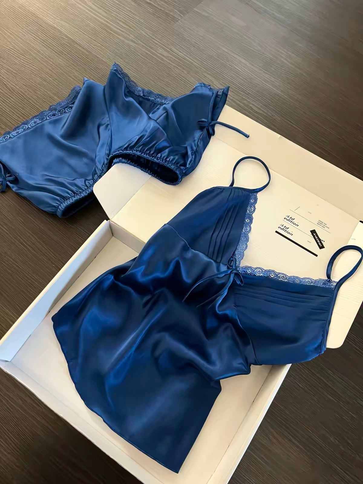 Klein Blue Satin Lace Trim Pajama Set – Pleated Cami Top & Shorts | Luxe Sleepwear