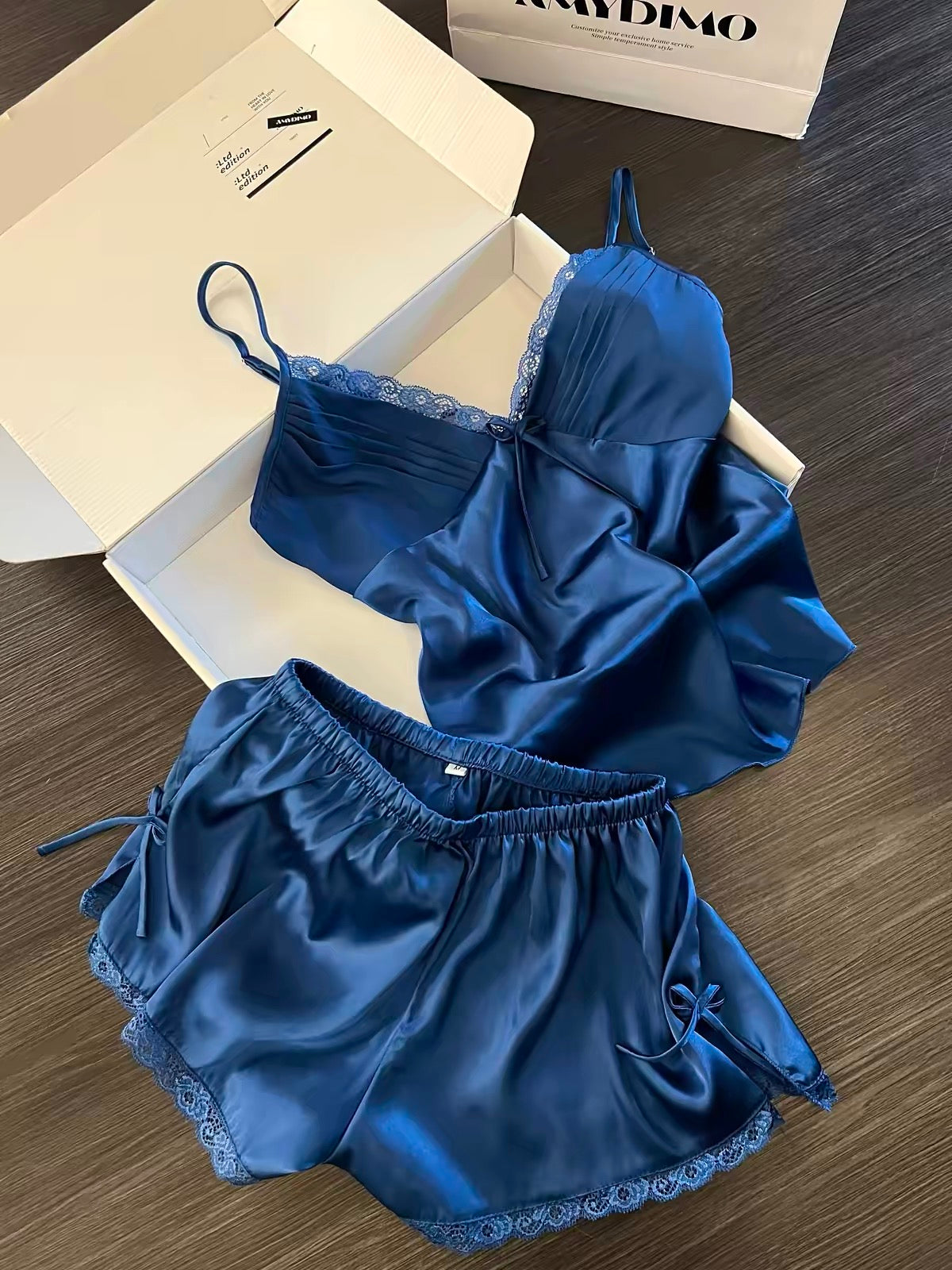 Klein Blue Satin Lace Trim Pajama Set – Pleated Cami Top & Shorts | Luxe Sleepwear