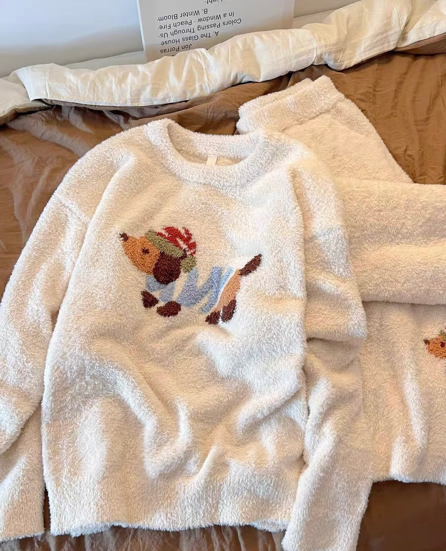 Cozy Dachshund Coral Fleece Pajama Set – Plush Sweatshirt Top & Wide-Leg Pants in Cream | Autumn Winter