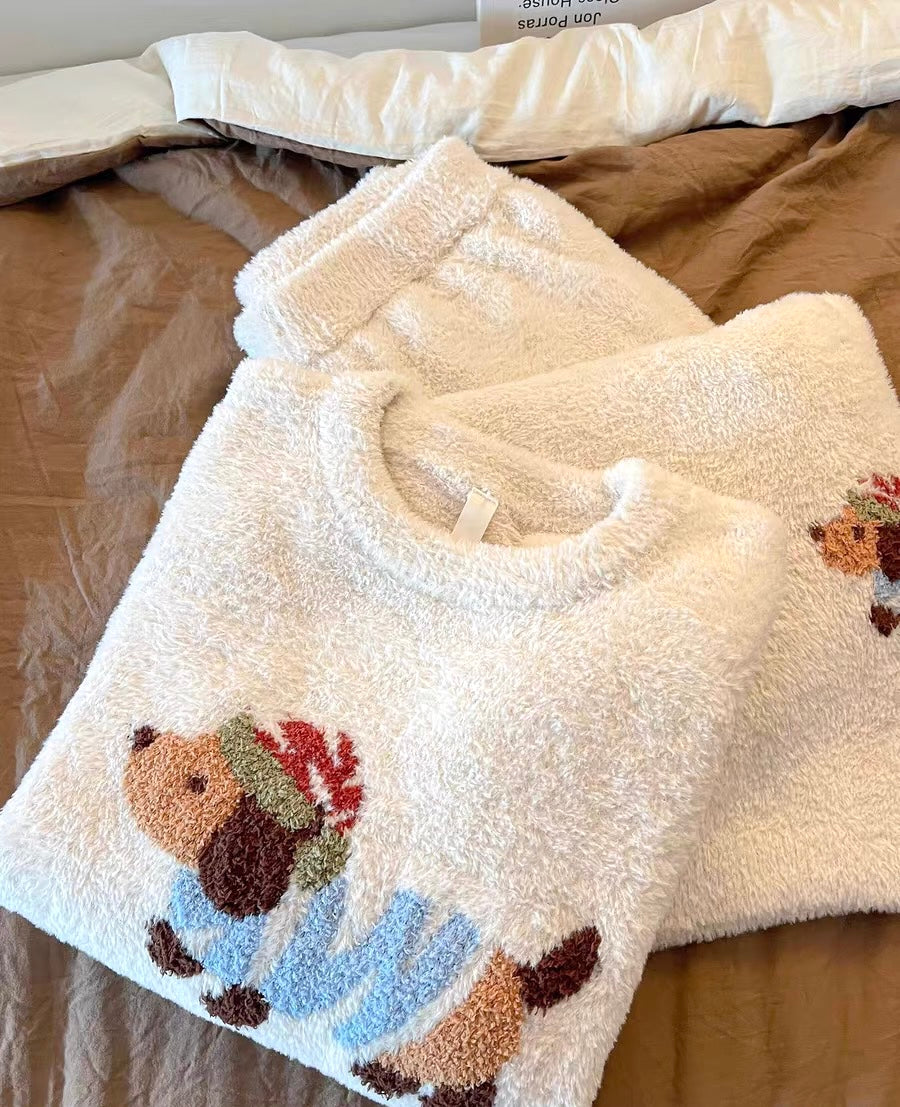 Cozy Dachshund Coral Fleece Pajama Set – Plush Sweatshirt Top & Wide-Leg Pants in Cream | Autumn Winter