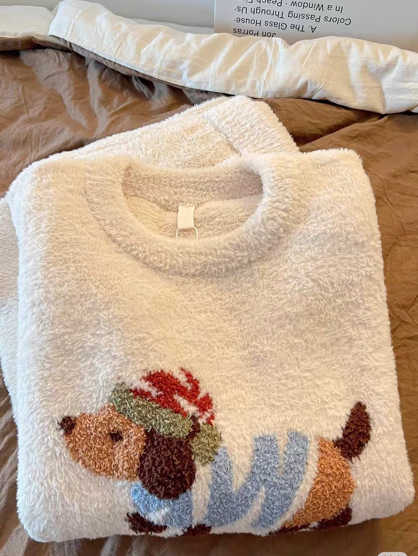 Cozy Dachshund Coral Fleece Pajama Set – Plush Sweatshirt Top & Wide-Leg Pants in Cream | Autumn Winter
